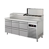 Asber Six drawers Pizza Prep Table, 428 L 8-10 x GN 1/4 Extenssion, Side-Mounted Compressor
