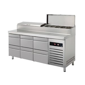 Asber Stół do pizzy 6-szufladowy 428 L, z nadstawą 8-10 x GN 1/4 agregat z prawej strony Asber Stół do pizzy 6-szufladowy 428 L, z nadstawą 8-10 x GN 1/4 agregat z prawej strony