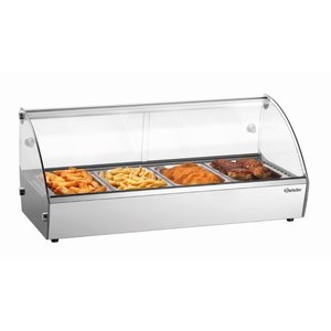 Bartscher Countertop Heating Display 4 x 1/3 GN, 46 L, 0,50 kW, from 30 to 90 °C, with Bent Glass, Silver