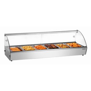 Bartscher Countertop Heating Display 6 x 1/3 GN, 68 L, 0,80 kW, from 30 to 90 °C, with Bent Glass, Silver
