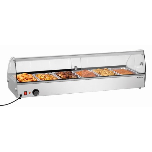 Bartscher Nablatowa witryna grzewcza 6 x 1/3 GN, 68 L, 0,80 kW, od 30 do 90 °C, z szybą giętą, srebrna Bartscher Nablatowa witryna grzewcza 6 x 1/3 GN, 68 L, 0,80 kW, od 30 do 90 °C, z szybą giętą, srebrna
