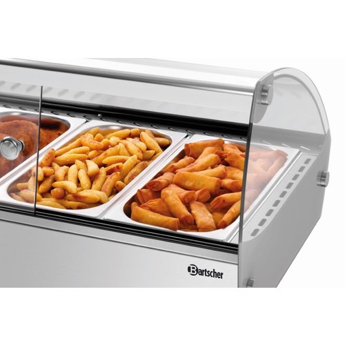 Bartscher Nablatowa witryna grzewcza 6 x 1/3 GN, 68 L, 0,80 kW, od 30 do 90 °C, z szybą giętą, srebrna Bartscher Nablatowa witryna grzewcza 6 x 1/3 GN, 68 L, 0,80 kW, od 30 do 90 °C, z szybą giętą, srebrna