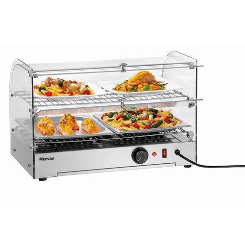 Bartscher Nablatowa witryna grzewcza 45 L, 2-poziomowa, 0,80 kW, od 30 do 90 °C, z szybą giętą, srebrna