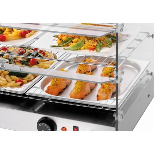 Bartscher Nablatowa witryna grzewcza 45 L, 2-poziomowa, 0,80 kW, od 30 do 90 °C, z szybą giętą, srebrna