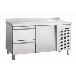 Bartscher Single Door Refrigerated Table with Splashback and 2 Drawers from 0° C to 10 °C, Side-Mounted Compressor Bartscher Single Door Refrigerated Table with Splashback and 2 Drawers from 0° C to 10 °C, Side-Mounted Compressor