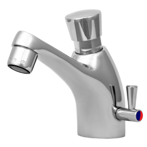 XXLselect Self-Closing Deck-Mounted Basin Faucet with Push-Button and Mixer and Hoses Included, Water Connection Thread 3/8''