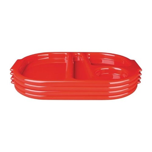 Kristallon Polycarbonate Oval Compartment Food Tray with Handles Red (Pack of 10)