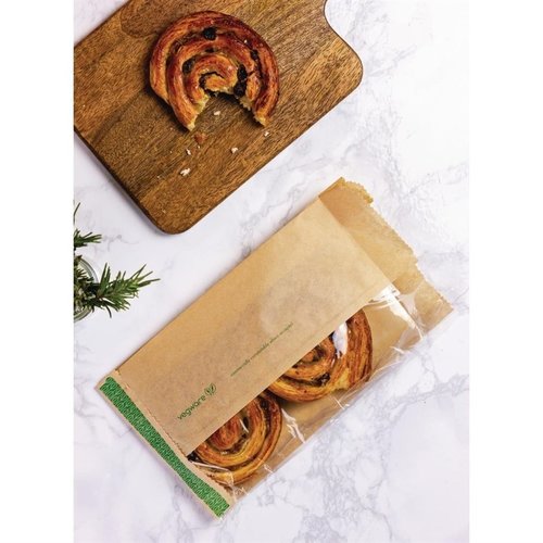 Vegware Kompostowalne torby na żywność Kraft odporne na tłuszcz z okienkiem PLA 280 x 150 mm (1000 szt.)