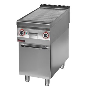 XXLselect Elektryczna płyta grillowa 446 x 726 mm, ryflowana, chromowana, 6 kW, 400V na podstawie z szafką