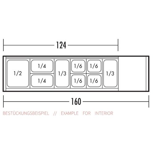 Neumarker Top unit for storing ingredients 1 x GN 1/2; 2 x 1/3 GN; 2 x 1/4 GN; 4x 1/6 GN, 1600x370x(h)440mm 150W from 2 to 8°C Neumarker Top unit for storing ingredients 1 x GN 1/2; 2 x 1/3 GN; 2 x 1/4 GN; 4x 1/6 GN, 1600x370x(h)440mm 150W from 2 to 8°C