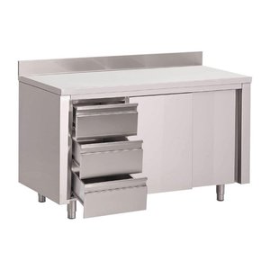 Gastro M Worktable with sliding doors,left 3 drawers and upstand 180(d)x70x85(h)cm Gastro M Worktable with sliding doors,left 3 drawers and upstand 180(d)x70x85(h)cm