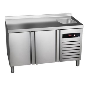Asber Double Door Refrigerated Table with Splashback and Sink 143 L, from -2 °C to 8 °C, Side-Mounted Compressor Asber Double Door Refrigerated Table with Splashback and Sink 143 L, from -2 °C to 8 °C, Side-Mounted Compressor
