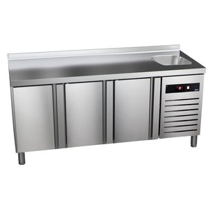 Asber Tripple Door Refrigerated Table with Splashback and Sink 214 L, from -2 °C to 8 °C, Side-Mounted Compressor Asber Tripple Door Refrigerated Table with Splashback and Sink 214 L, from -2 °C to 8 °C, Side-Mounted Compressor