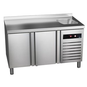 Asber Double Door Freezer Table with Splashback and Sink 153 L, from -22 °C to -18 °C, Side-Mounted Compressor Asber Double Door Freezer Table with Splashback and Sink 153 L, from -22 °C to -18 °C, Side-Mounted Compressor