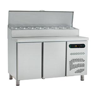 Asber Double Doors Pizza Prep Table, 274 L, Side-Mounted Compressor, Left and Right Doors Asber Double Doors Pizza Prep Table, 274 L, Side-Mounted Compressor, Left and Right Doors