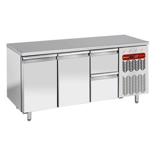 Diamond Double Door Refrigerated Table with 2 Drawers, GN 1/1, from -2 °C to 8 °C, Side-Mounted Compressor, Ventilated Diamond Double Door Refrigerated Table with 2 Drawers, GN 1/1, from -2 °C to 8 °C, Side-Mounted Compressor, Ventilated
