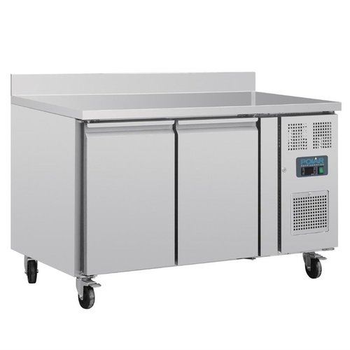 Polar Refrigeration Double Door Refrigerated Table with Splashback 282 L, from -2 °C to 5 °C, Side-Mounted Compressor Polar Refrigeration Double Door Refrigerated Table with Splashback 282 L, from -2 °C to 5 °C, Side-Mounted Compressor
