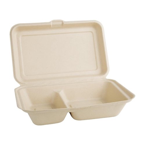 Fiesta Green Fiesta Compostable Bagasse Two-Compartment Hinged Food Containers Natural Colour 253mm (Pack of 200) Fiesta Green Fiesta Compostable Bagasse Two-Compartment Hinged Food Containers Natural Colour 253mm (Pack of 200)