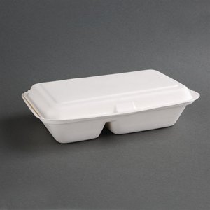 Fiesta Green Fiesta Compostable Bagasse Hinged 2-Compartment Food Containers 253mm (Pack of 200) Fiesta Green Fiesta Compostable Bagasse Hinged 2-Compartment Food Containers 253mm (Pack of 200)