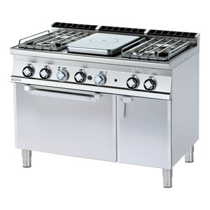 RM GASTRO Cast-Iron Gas Cooker with 4 Burners and Cooking Hob, Cupboard with Doors and Electric Oven, 34 kW RM GASTRO Cast-Iron Gas Cooker with 4 Burners and Cooking Hob, Cupboard with Doors and Electric Oven, 34 kW