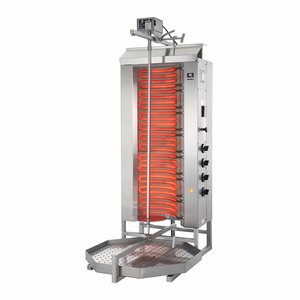 Potis Kebab elektryczny, 4 palniki, wsad 80 kg, 400V, 10,5 kW, 600x495x(h)1290 mm z tacą na tłuszcz o wym. 550x550 mm Potis Kebab elektryczny, 4 palniki, wsad 80 kg, 400V, 10,5 kW, 600x495x(h)1290 mm z tacą na tłuszcz o wym. 550x550 mm