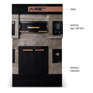 Moretti Forni Piec 2-komorowy do pizzy z okapem i komorą rozrostu nawilżaną, elektryczny 11,7 kW, 890x1460x1945 mm, 4xØ450 mm, MORETTI FORNI