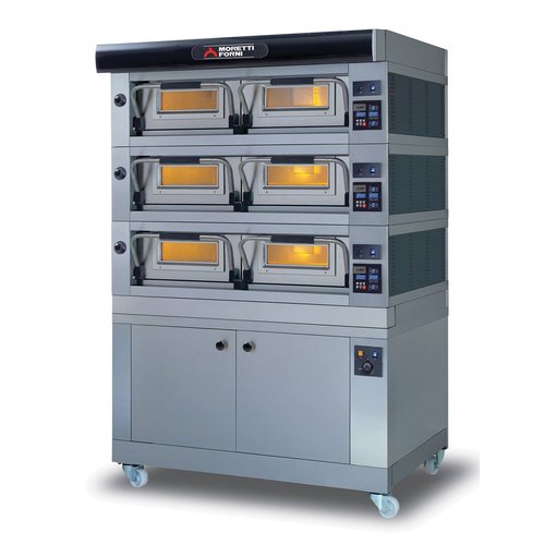 Moretti Forni Piec 3-komorowy do pizzy z okapem i bazą, elektryczny 46,5 kW, 1610x1910x1450 mm, 48xØ300 mm, MORETTI FORNI Moretti Forni Piec 3-komorowy do pizzy z okapem i bazą, elektryczny 46,5 kW, 1610x1910x1450 mm, 48xØ300 mm, MORETTI FORNI