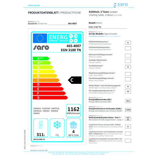 Saro Stół chłodniczy, 3 drzwiowy od -2 do +8 °C, 417L, 0,23 kW Saro Stół chłodniczy, 3 drzwiowy od -2 do +8 °C, 417L, 0,23 kW