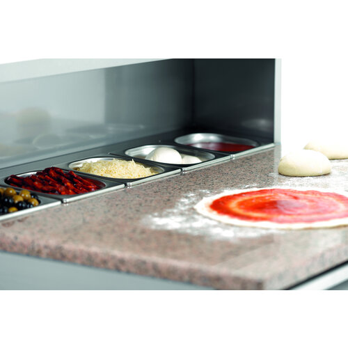 Bartscher Stół do pizzy 2-drzwiowy 260L, 5x 1/6 GN z nadstawą i blatem granitowym, agregat na dole Bartscher Stół do pizzy 2-drzwiowy 260L, 5x 1/6 GN z nadstawą i blatem granitowym, agregat na dole
