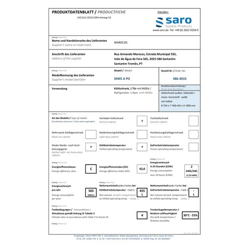 Saro Szafa chłodnicza 980 L, od 1 do 8 °C Saro Szafa chłodnicza 980 L, od 1 do 8 °C
