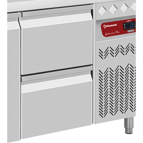 Diamond Stół chłodniczy 2-drzwiowy i 2 szufladami od -2 do 8 °C, 405L, agregat boczny Diamond Stół chłodniczy 2-drzwiowy i 2 szufladami od -2 do 8 °C, 405L, agregat boczny