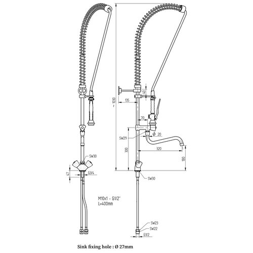 Diamond Bateria zlewozmywakowa stojąca jednouchwytowa ze spryskiwaczem i wylewką o długości 320 mm