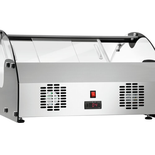 Bartscher Witryna chłodnicza prostokątna, 105 L, od 2°C do 12°C, nastawna, srebrna Bartscher Witryna chłodnicza prostokątna, 105 L, od 2°C do 12°C, nastawna, srebrna