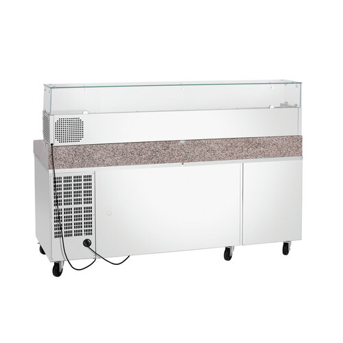 Bartscher Stół do pizzy 3-drzwiowy 360 L z 7 szufladami, z blatem granitowym, agregat z prawej strony Bartscher Stół do pizzy 3-drzwiowy 360 L z 7 szufladami, z blatem granitowym, agregat z prawej strony