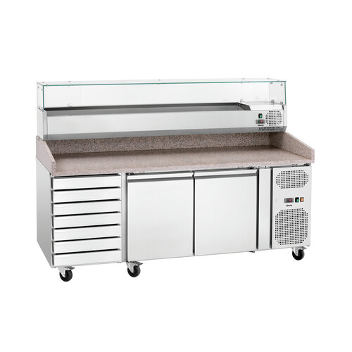 Bartscher Stół do pizzy 3-drzwiowy 360 L z 7 szufladami, z blatem granitowym, agregat z prawej strony Bartscher Stół do pizzy 3-drzwiowy 360 L z 7 szufladami, z blatem granitowym, agregat z prawej strony