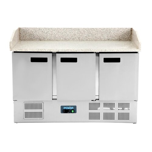 Polar Refrigeration  Stół do pizzy 3-drzwiowy 368 L z agregatem na dole i blatem z granitu