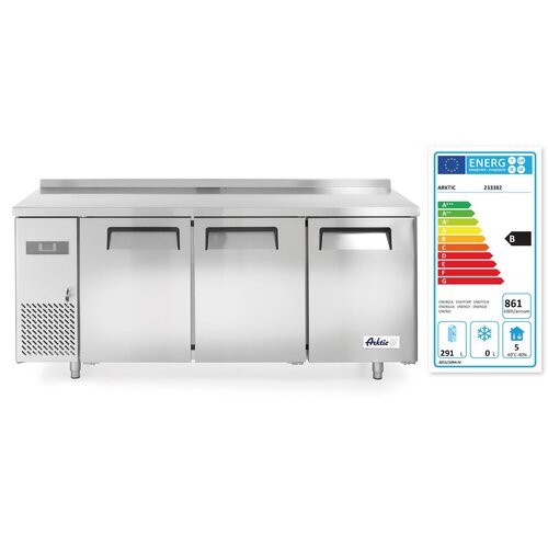 Arktic Stół chłodniczy przyścienny 3-drzwiowy 390 L, od -2 °C do 8 °C, agregat boczny Arktic Stół chłodniczy przyścienny 3-drzwiowy 390 L, od -2 °C do 8 °C, agregat boczny