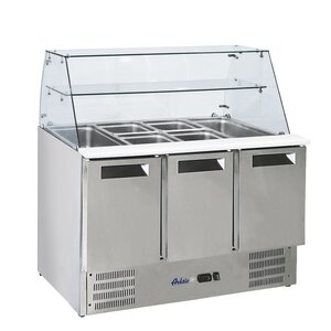 Arktic 3-doors Salad Prep Table 2x 1/1 GN, 3x 1/6 GN with Glass Top Unit, 368, 2 °C to 8 °C, Bottom-Mounted Compressor Arktic 3-doors Salad Prep Table 2x 1/1 GN, 3x 1/6 GN with Glass Top Unit, 368, 2 °C to 8 °C, Bottom-Mounted Compressor