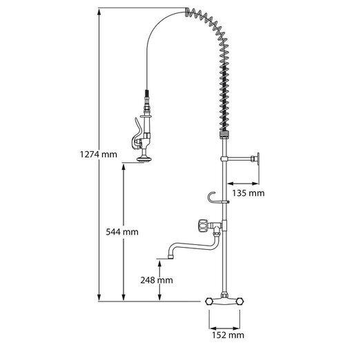 Stalgast Bateria ścienna ze spryskiwaczem, wylewką i pokrętłami, wysokość 1274 mm Stalgast Bateria ścienna ze spryskiwaczem, wylewką i pokrętłami, wysokość 1274 mm