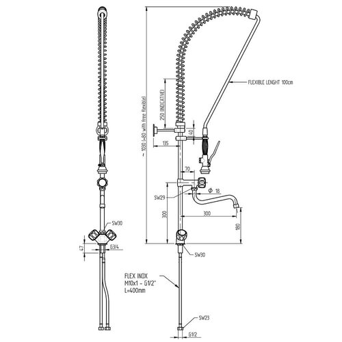 Monolith Bateria stojąca ze spryskiwaczem, wylewką i pokrętłami, wysokość 1030 mm