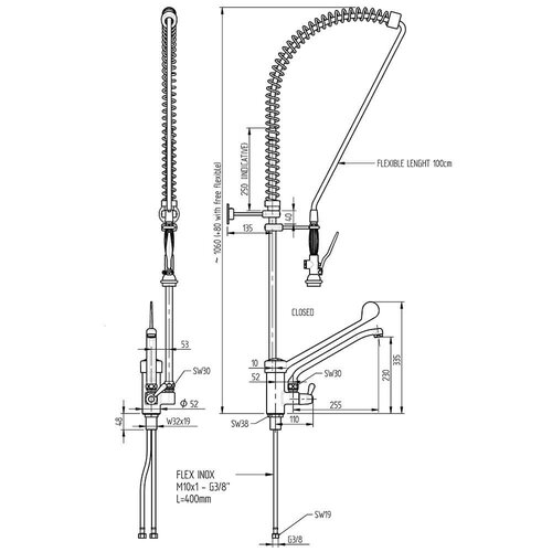 Monolith Bateria ścienna, łokciowa ze spryskiwaczem, wylewką i pokrętłami, wysokość 1060 mm