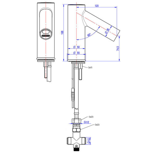 Monolith Bateria umywalkowa stojąca, 120 mm, przyłącze 1/2'' z czujnikiem na podczerwień Monolith Bateria umywalkowa stojąca, 120 mm, przyłącze 1/2'' z czujnikiem na podczerwień