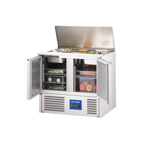 Stalgast Stół chłodniczy sałatkowy 2-drzwiowy 10x 1/4 GN 240 L,  2 do 8°C, agregat na dole Stalgast Stół chłodniczy sałatkowy 2-drzwiowy 10x 1/4 GN 240 L,  2 do 8°C, agregat na dole