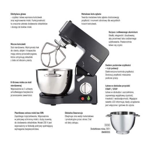 Hamilton Beach Mikser planetarny 8 L, 1,5 kW, 7 stopni prędkości Hamilton Beach Mikser planetarny 8 L, 1,5 kW, 7 stopni prędkości