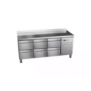 Asber 3-door refrigerating table, glass, 0 to 8°C. unit from the side Asber 3-door refrigerating table, glass, 0 to 8°C. unit from the side