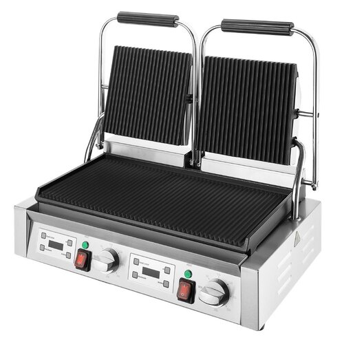 Buffalo Grill kontaktowy podwójny żeliwny, ryflowany, 3.6kW, 240V, 300°C, Buffalo CU611