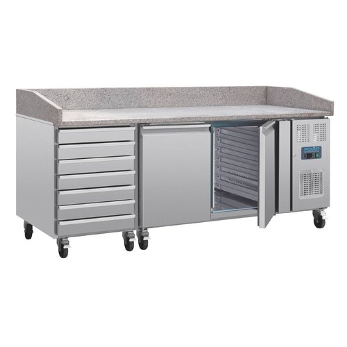 Polar Refrigeration Stół do pizzy 2-drzwiowy z 7 szufladami 428L, od 2 do 8°C, z blatem granitowym, Polar U-Series UA080, 800x2025x(h)1000 mm, agregat boczny Polar Refrigeration Stół do pizzy 2-drzwiowy z 7 szufladami 428L, od 2 do 8°C, z blatem granitowym, Polar U-Series UA080, 800x2025x(h)1000 mm, agregat boczny