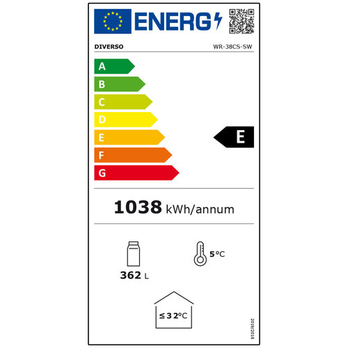 Diverso Szafa chłodnicza przeszklona 382 L, od 1 do 9°C, Diverso WR-38CS-SW, 595x614x(h)1803 mm, agregat dolny, biała