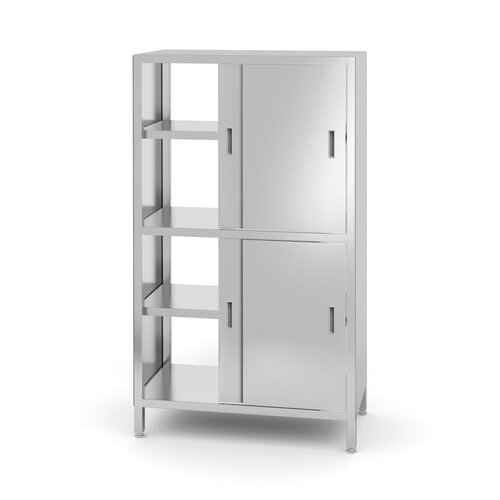 INOXI Szafa przelotowa ze stali nierdzewnej z przegrodą i drzwiami suwanymi o wymiarach 800x500x(h)1800 mm, skręcana INOXI Szafa przelotowa ze stali nierdzewnej z przegrodą i drzwiami suwanymi o wymiarach 800x500x(h)1800 mm, skręcana