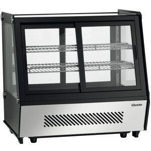 Bartscher Refrigerated Display Rectangular, 120 L, from 2°C to 12°C, Countertop with Sliding Doors, Black-Silver